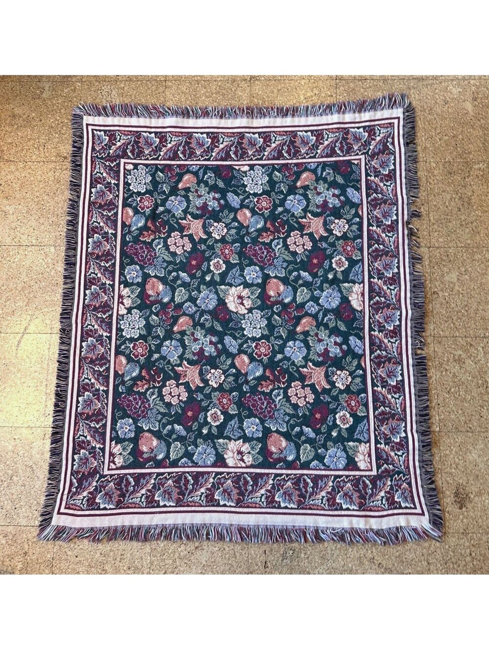Vintage L.L.Bean Floral & Fruit Throw Blanket 50x59 Fringe Cottage Country Cabin